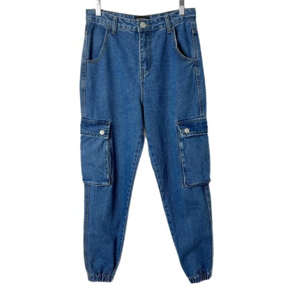 Pretty Little Thing Women's Jeans 4 Cargo Jogger High Rise Medium Wash Denim - Picture 1 of 8